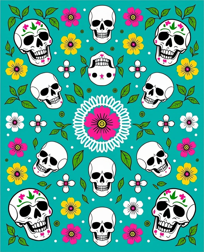 Teal Day of Dead Skulls Floral Swirls Rug