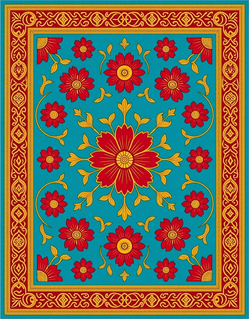 Vibrant Red Golden Floral Border Rug