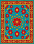 Vibrant Red Golden Floral Border Rug