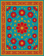 Vibrant Red Golden Floral Border Rug