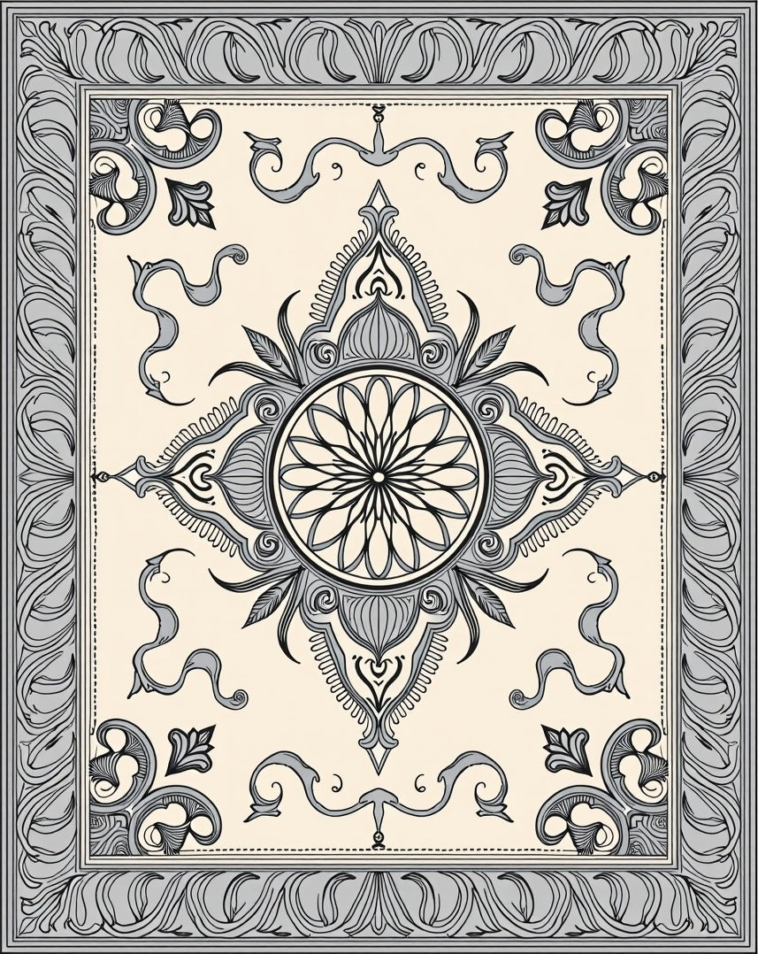 Cream Gray Ornate Floral Medallion Rug