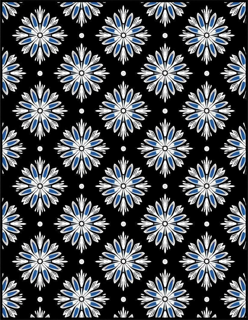 Black Blue White Floral Medallion Repeat Rug