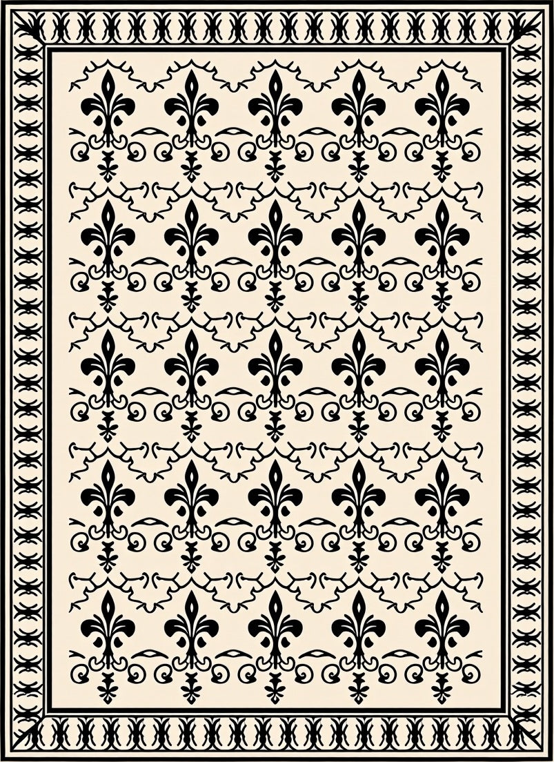 Black Fleur de Lis Cream Border Rug