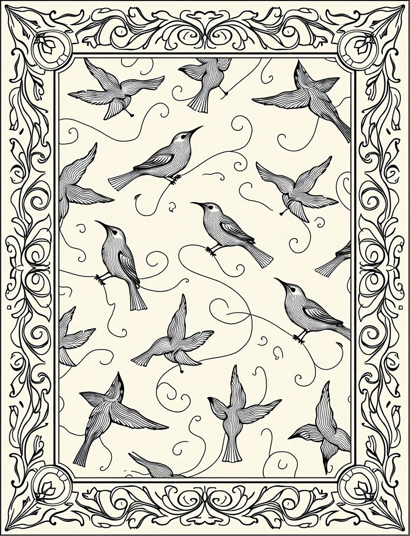 Vintage Black Bird Scroll Frame Rug