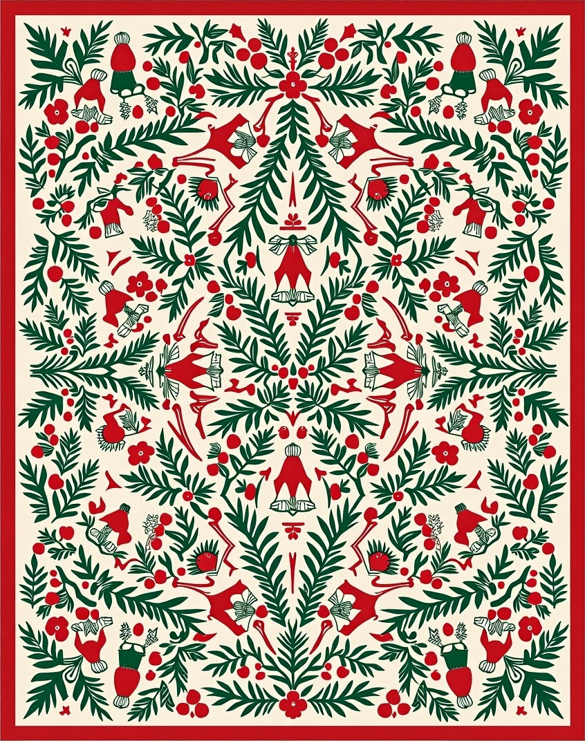 Crimson Green Festive Folk Art Rug
