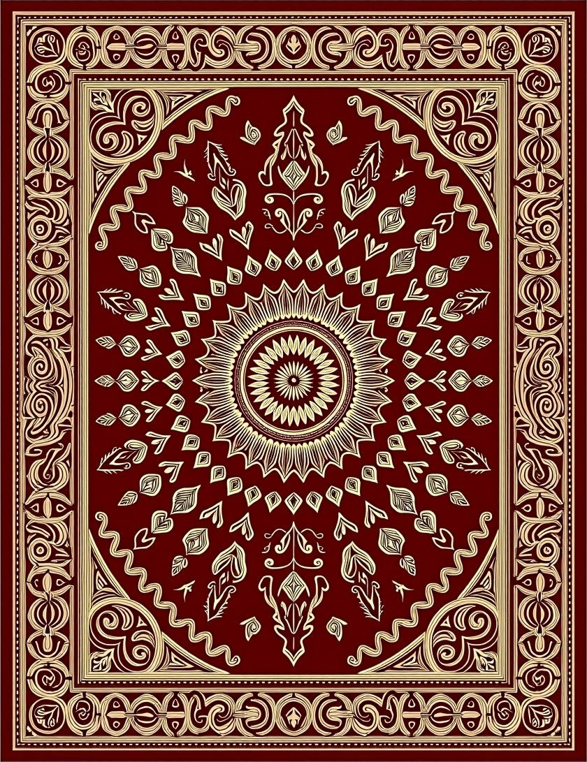 Deep Red Golden Sunburst Medallion Rug