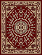 Deep Red Golden Sunburst Medallion Rug