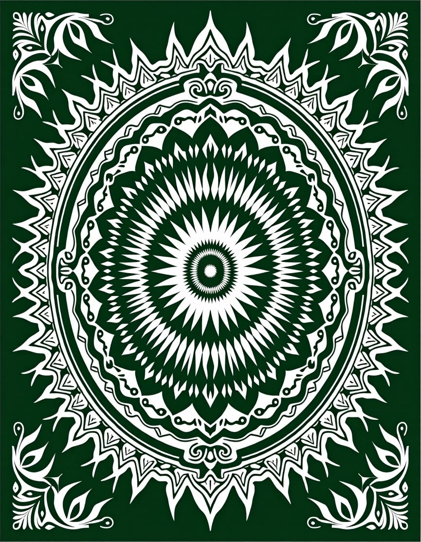 Deep Emerald White Floral Sunburst Mandala Rug