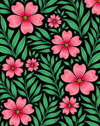 Vibrant Pink Floral Foliage Black Rug