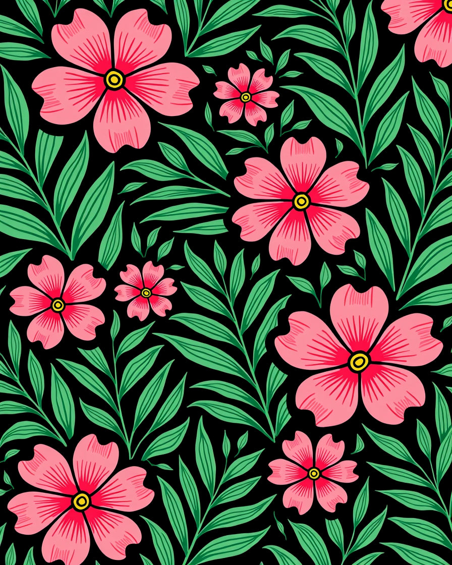 Vibrant Pink Floral Foliage Black Rug