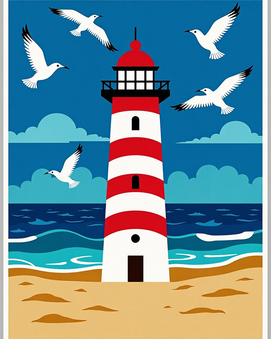 Coastal Lighthouse with Flying Seagulls Rug