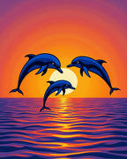 Vibrant Blue Dolphins Sunset Ocean Waves Rug