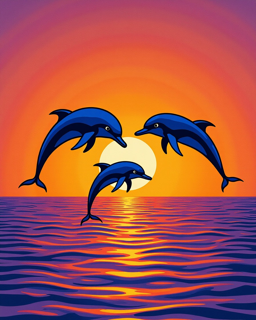 Vibrant Blue Dolphins Sunset Ocean Waves Rug