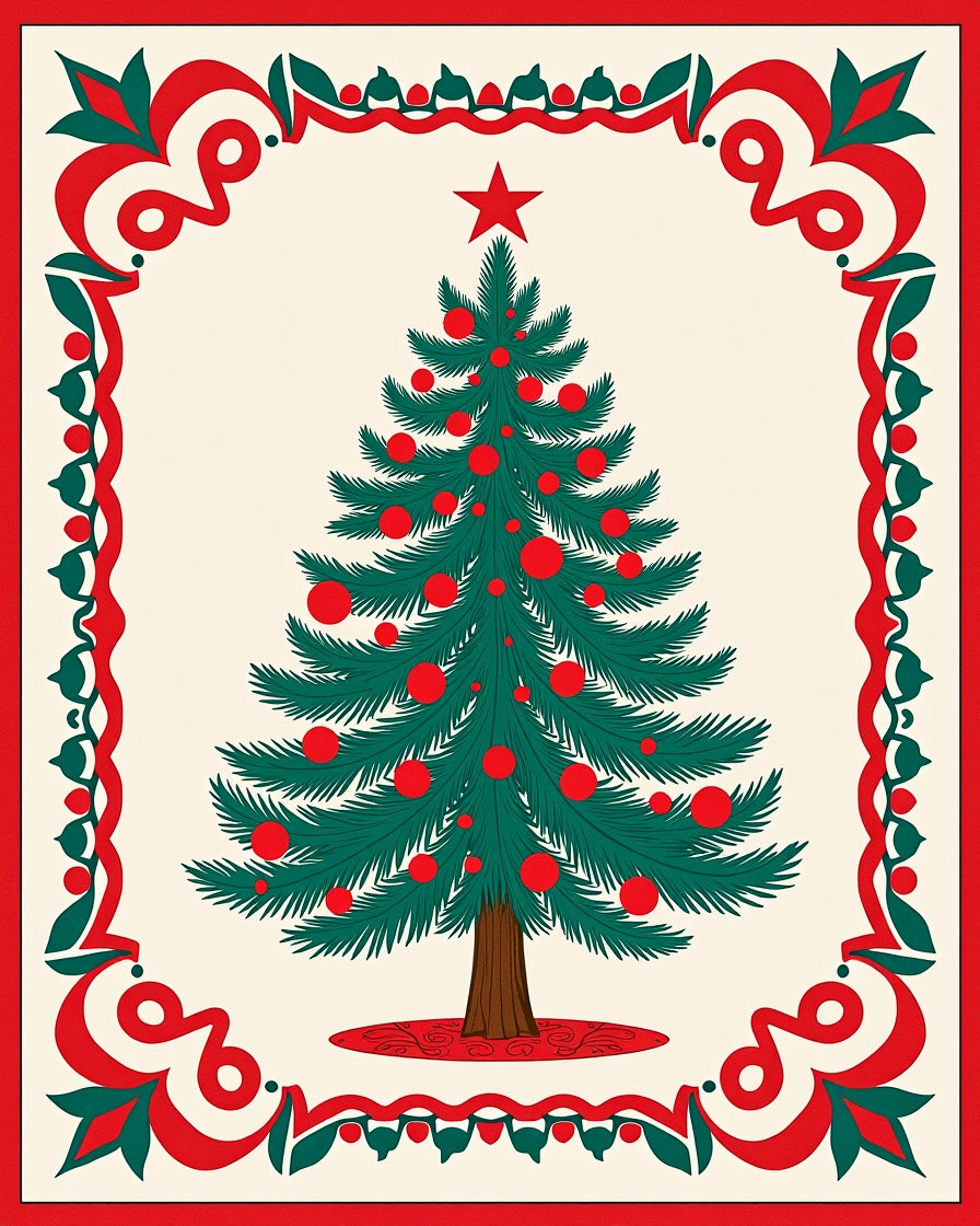 Festive Green Christmas Tree Red Border Rug