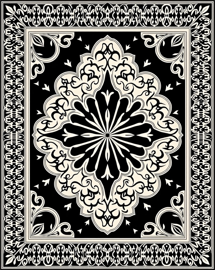 Black Cream Ornate Mandala Border Rug