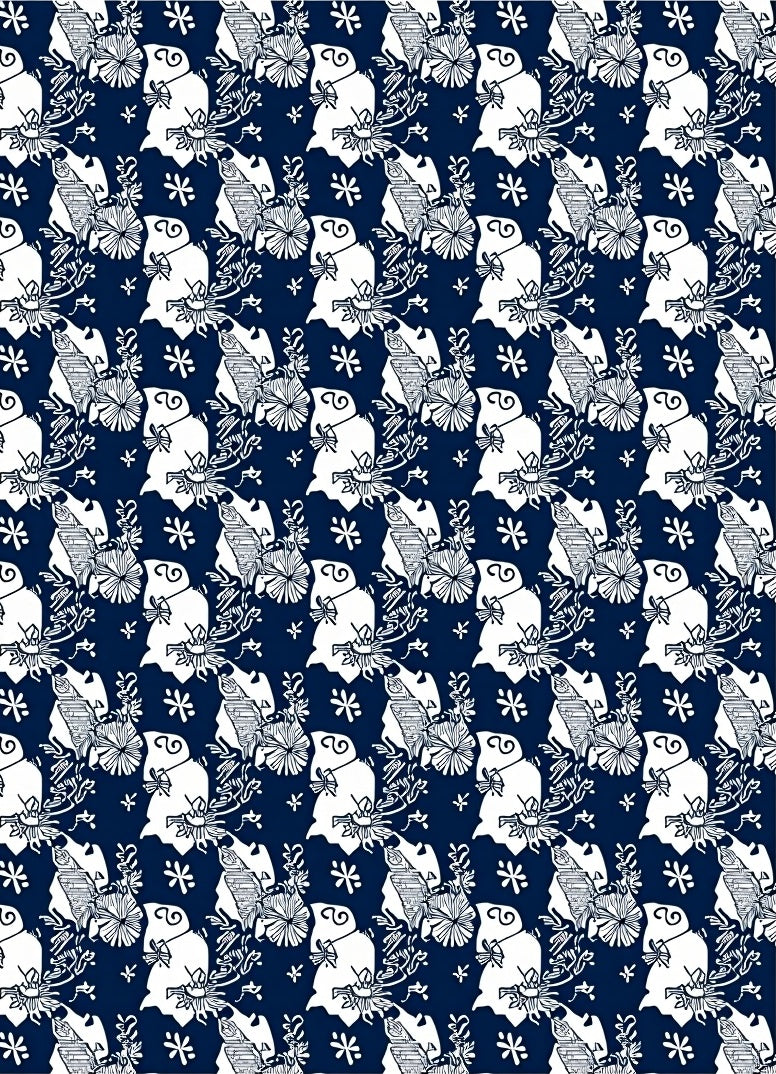 Deep Blue White Whimsical Floral Creatures Rug