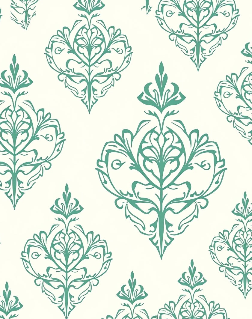 Teal Damask Scrollwork Traditional Rug
