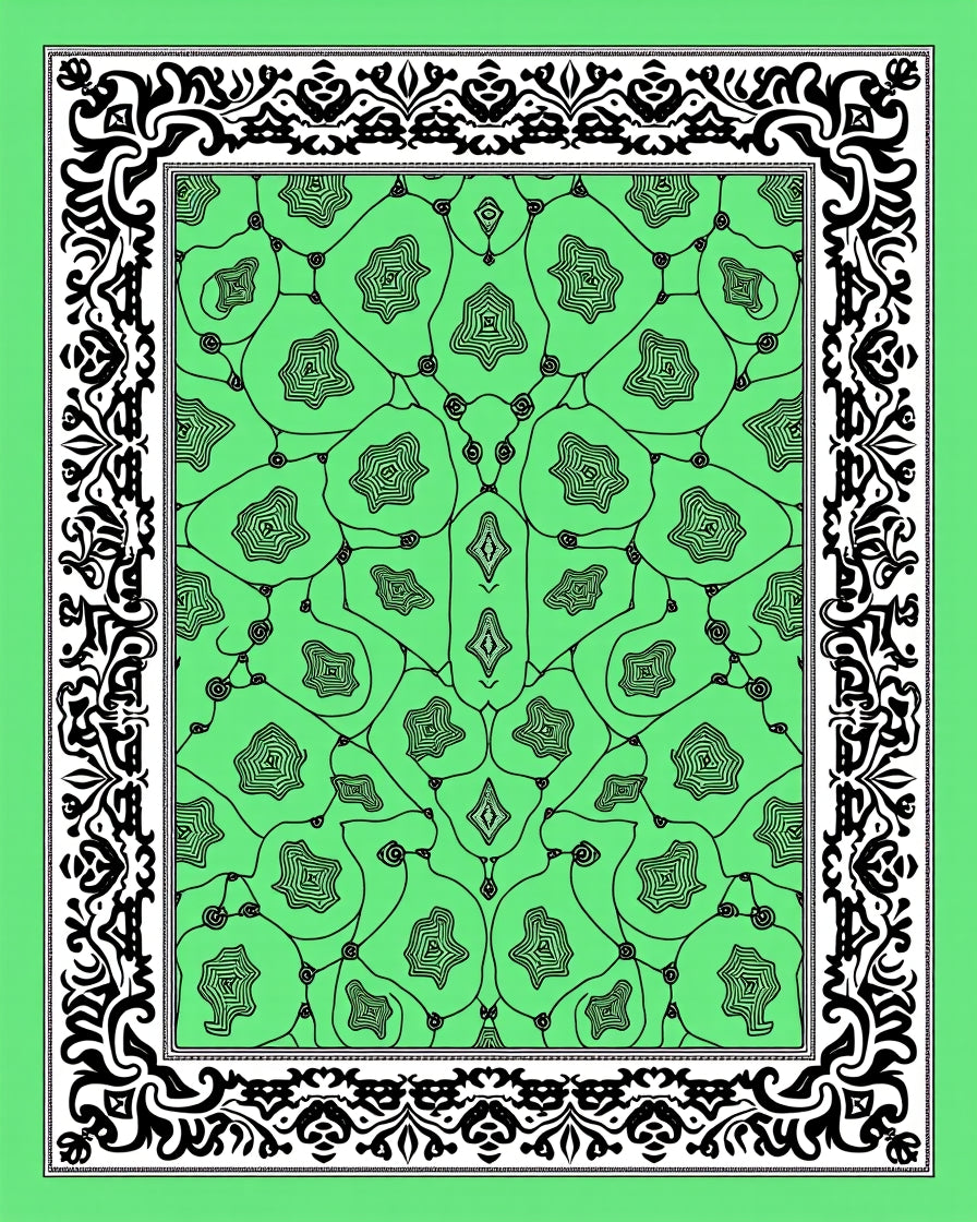 Ornate Black Bordered Green Medallion Rug