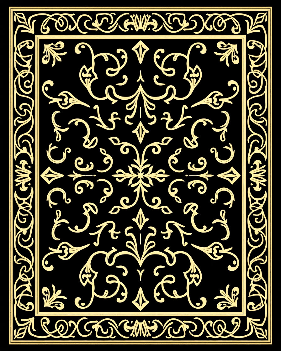 Ornate Gold Black Floral Scrollwork Rug