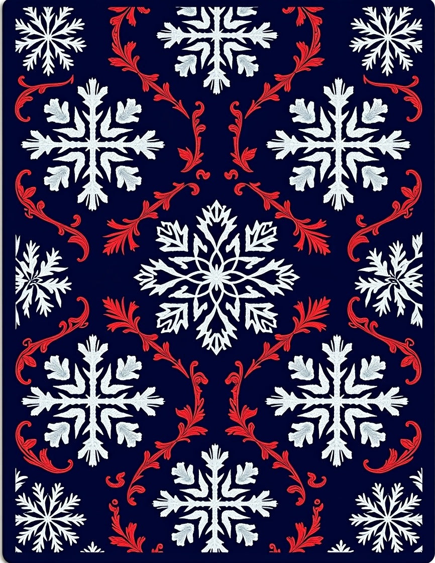 Festive White Snowflake Red Scroll Rug