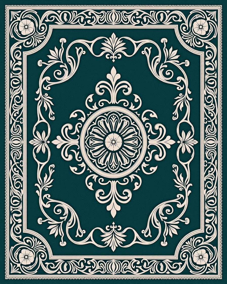Ornate Teal Floral Medallion Border Rug