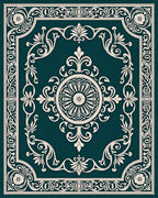 Ornate Teal Floral Medallion Border Rug