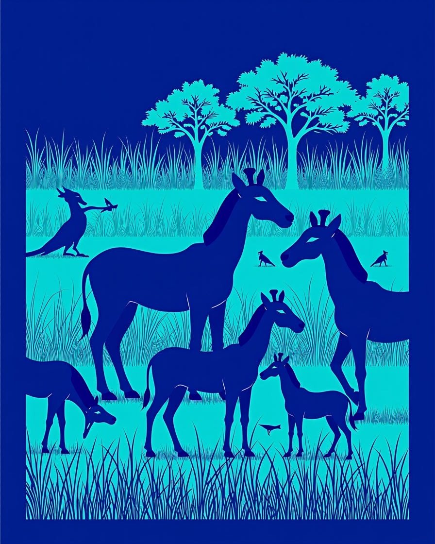 Blue Savanna Wildlife Silhouette Rug