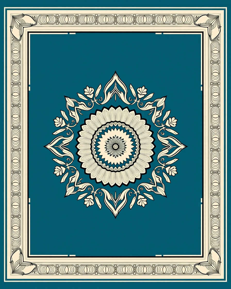 Teal Ivory Ornamental Medallion Frame Rug