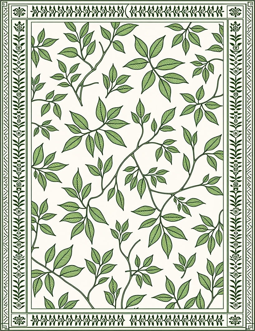 White Green Leaf Vine Botanical Border Rug