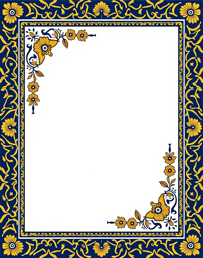 Navy Blue Golden Floral Border Rug
