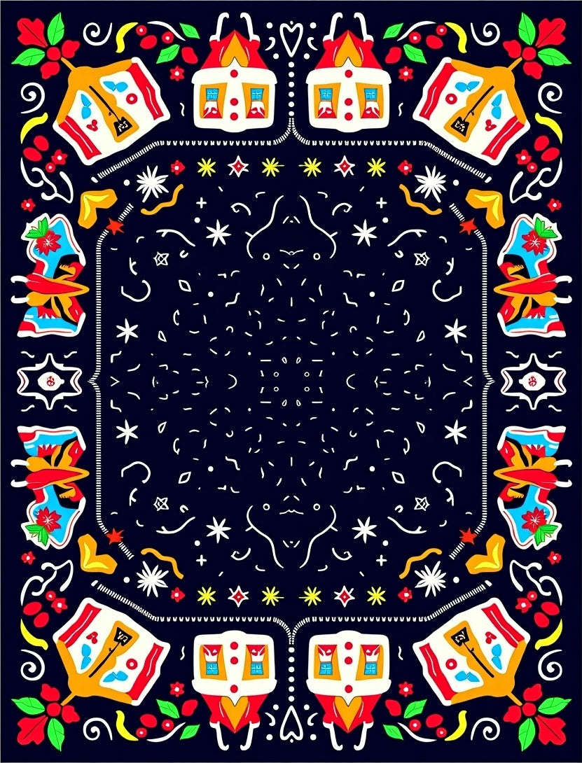 Colorful Folk Art Village Scene Rug