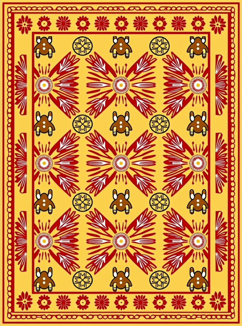 Golden Yellow Red Sunburst Animal Motif Rug
