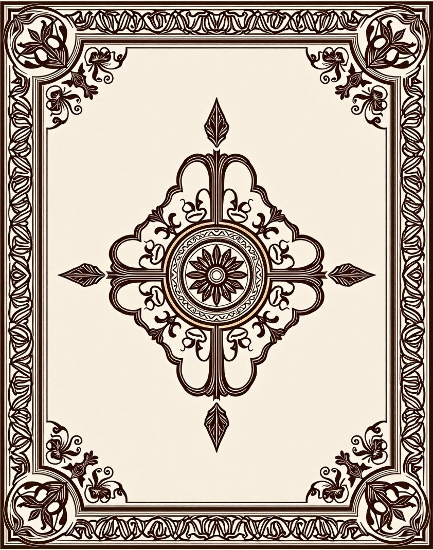 Dark Brown Ornamental Floral Medallion Border Rug