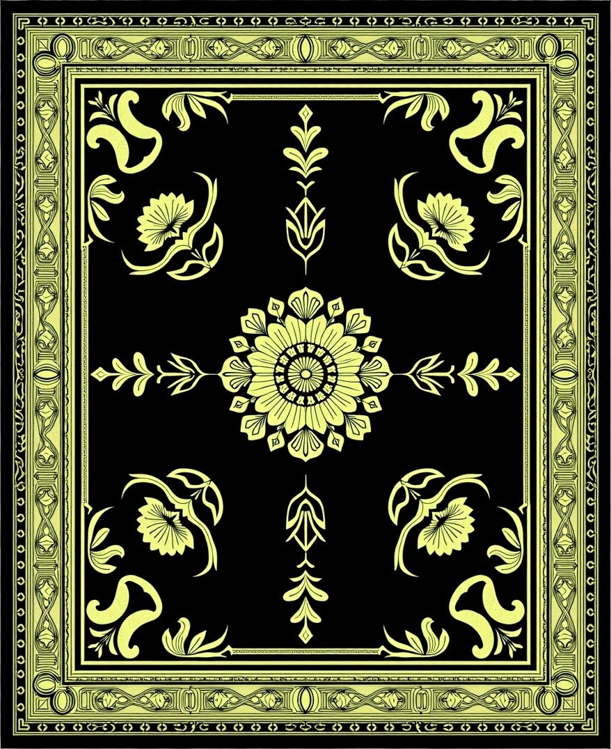 Black Yellow Floral Medallion Border Rug