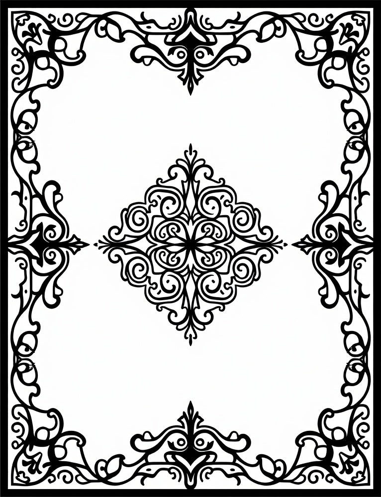 Black Ornate Scrollwork Medallion Border Rug