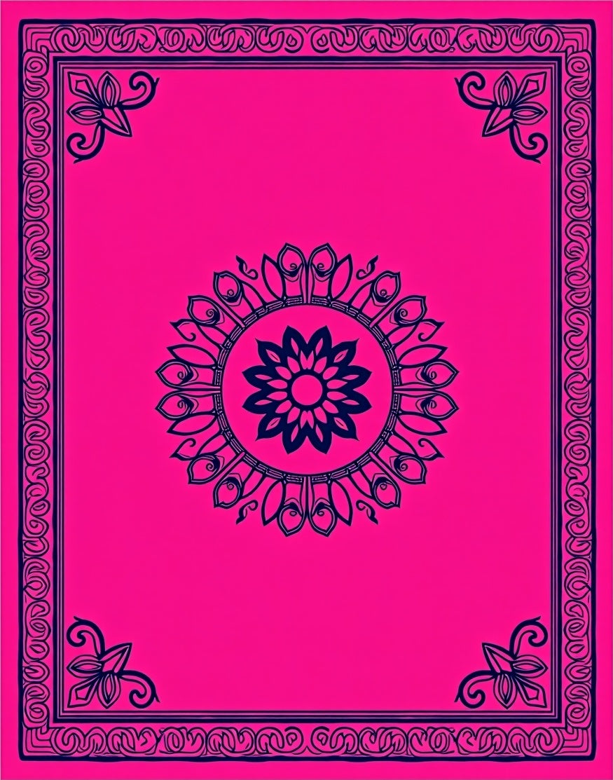 Hot Pink Navy Floral Medallion Border Rug