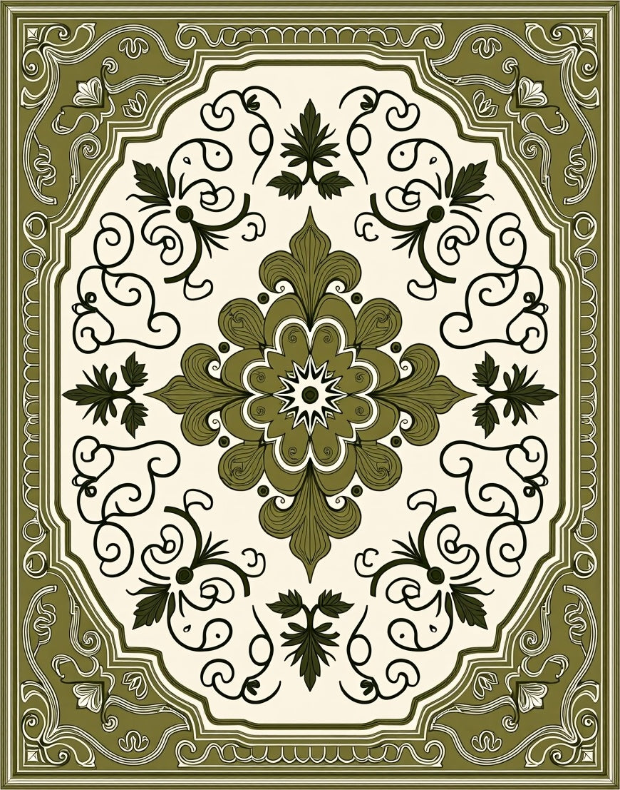 Olive Green Floral Medallion Centerpiece Rug