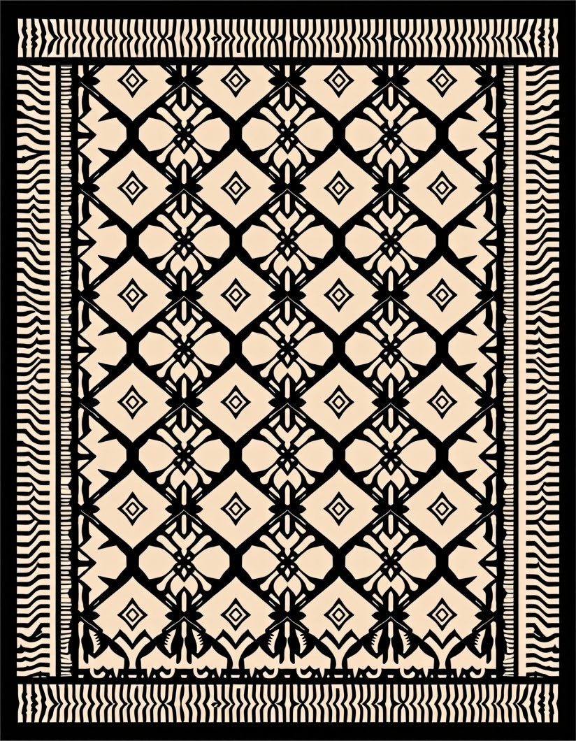 Cream Black Geometric Lattice Medallion Rug