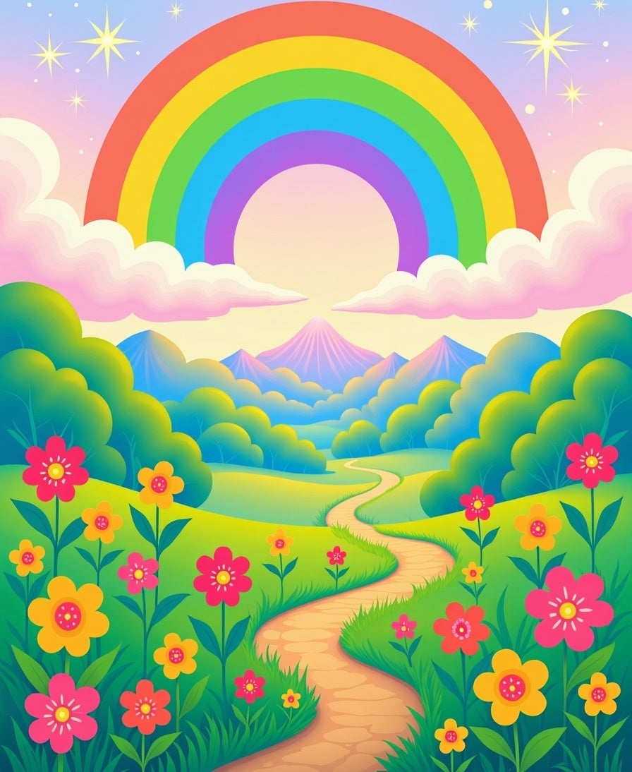 Whimsical Rainbow Path Floral Meadow Rug