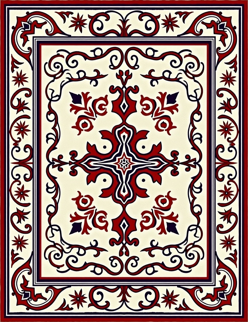 Crimson Navy Floral Medallion Frame Rug