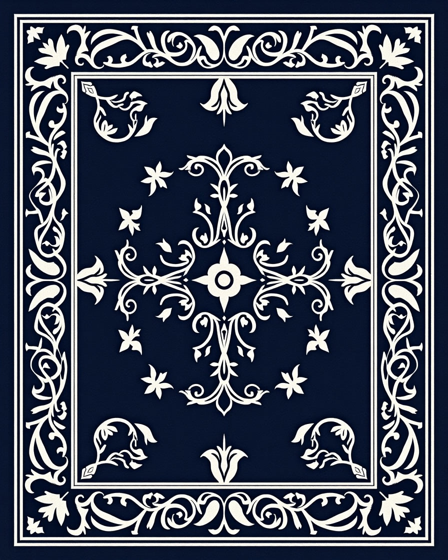 Navy White Scrolling Floral Medallion Rug