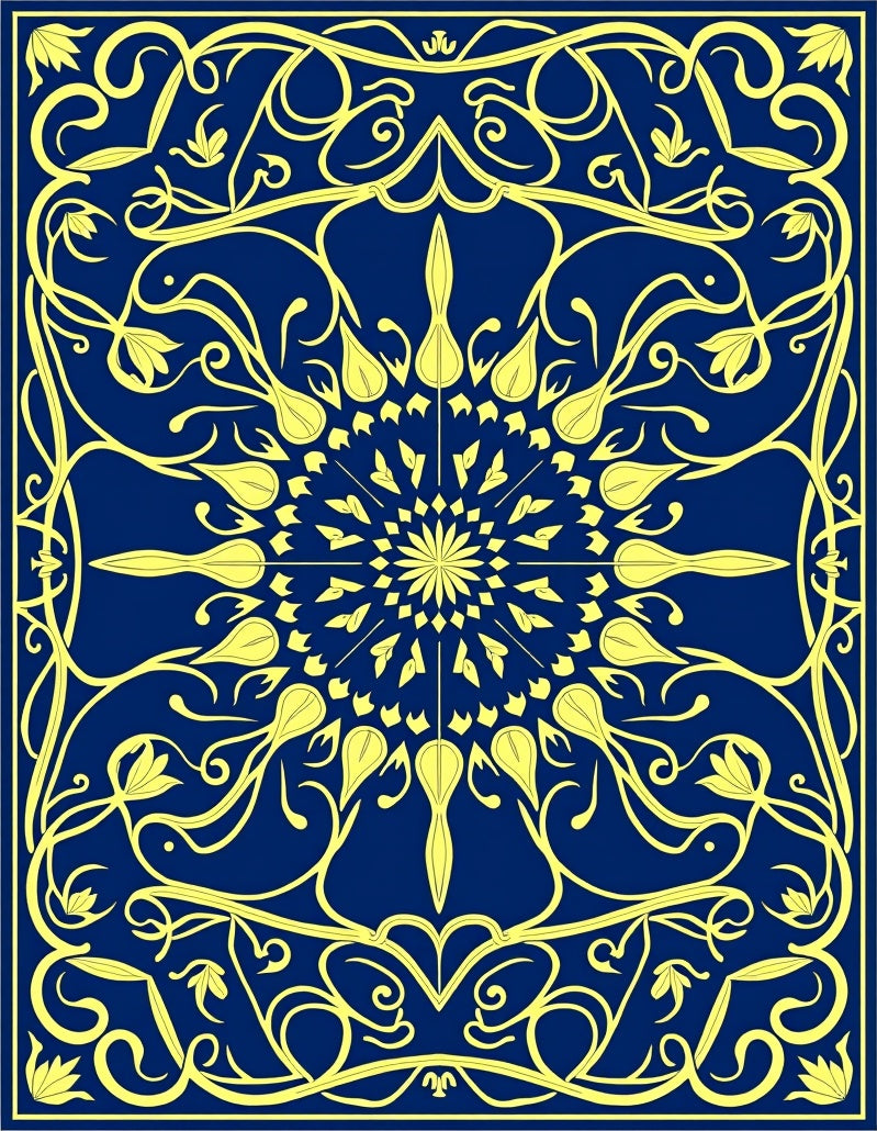 Ornate Yellow Floral Medallion Blue Rug