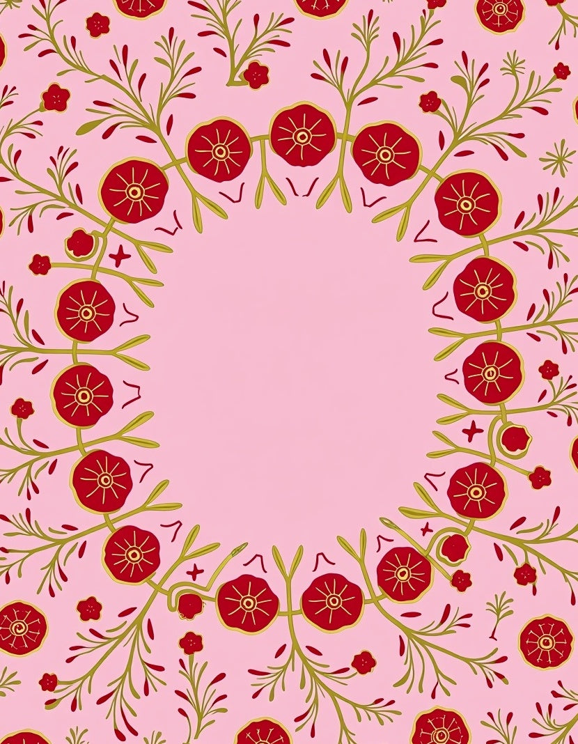 Crimson Red Floral Vines Pink Rug
