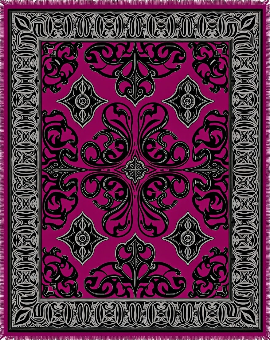 Rich Magenta Black Silver Medallion Rug