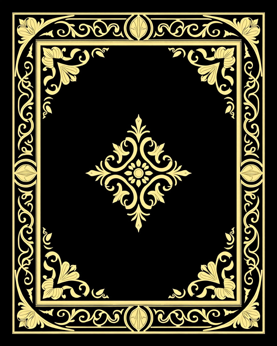 Ornate Gold Floral Border Black Rug