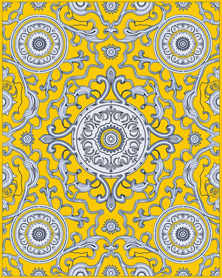 Vibrant Yellow Ivory Scroll Medallion Rug