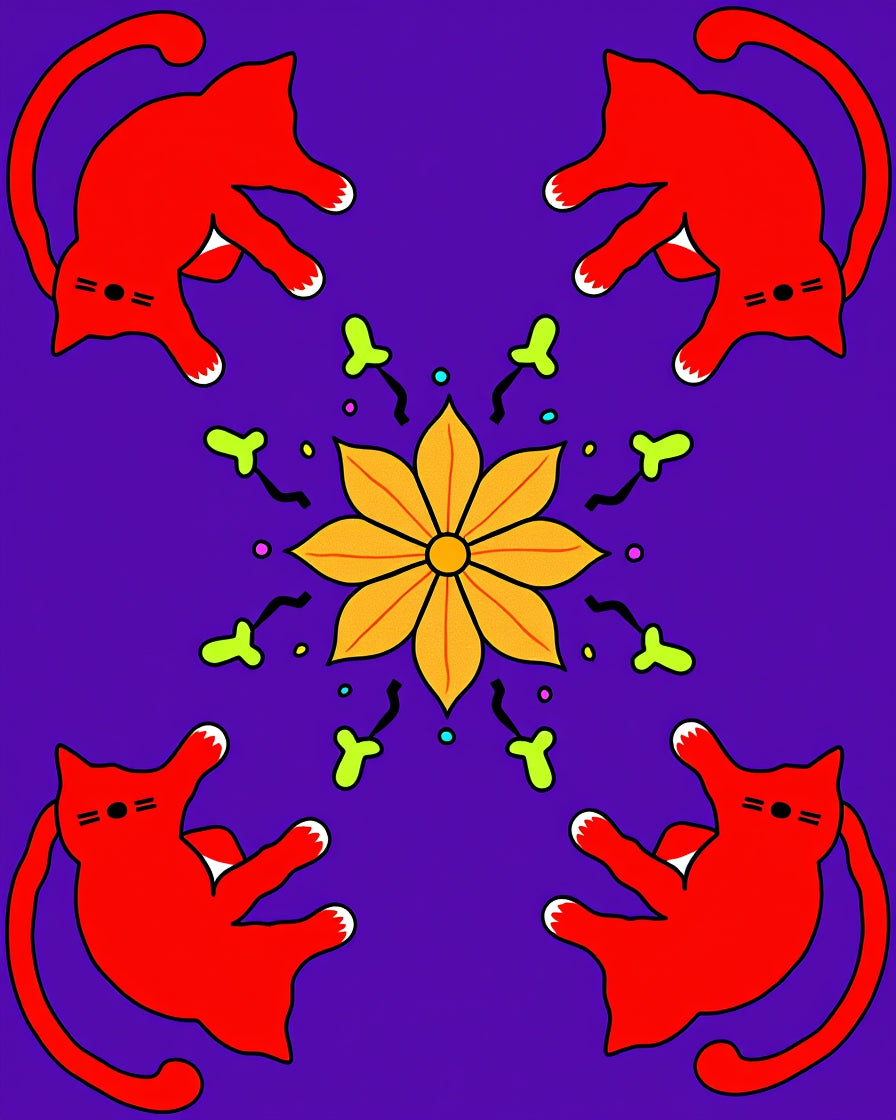 Vibrant Red Cats Yellow Bloom Medallion Rug