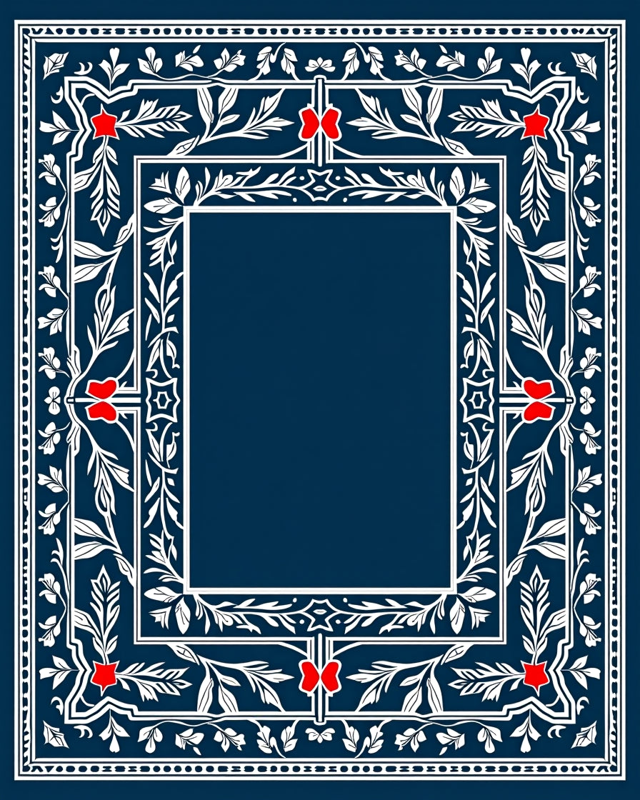 Navy White Red Floral Botanical Frame Rug