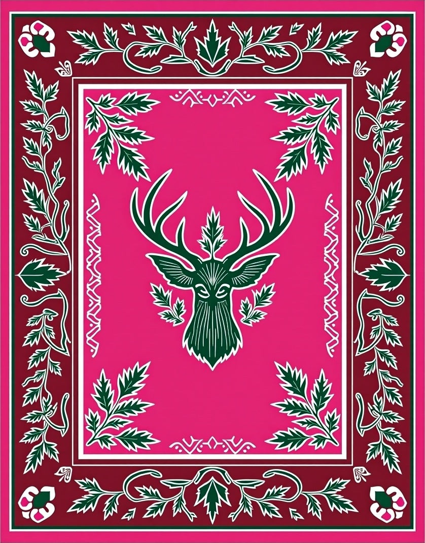Deep Pink Deer Head Floral Border Rug