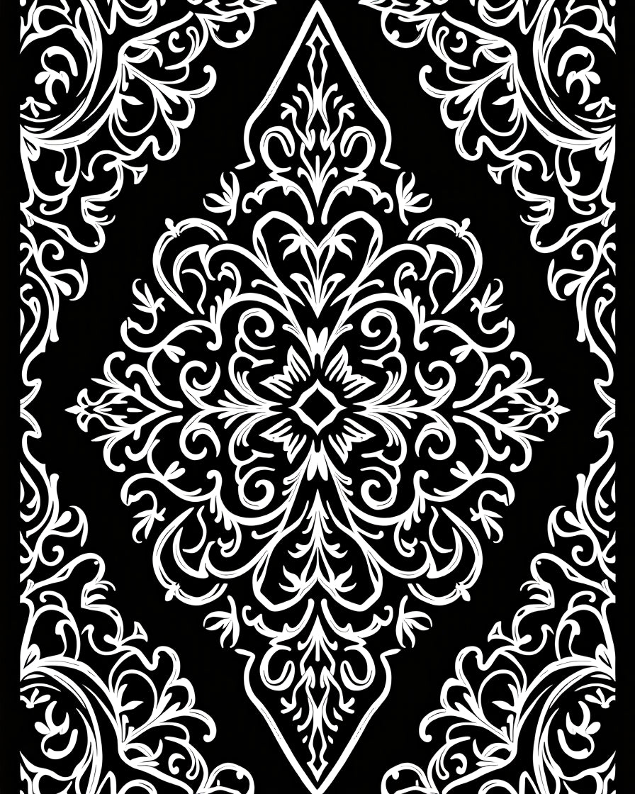 Classic Black White Damask Scroll Rug